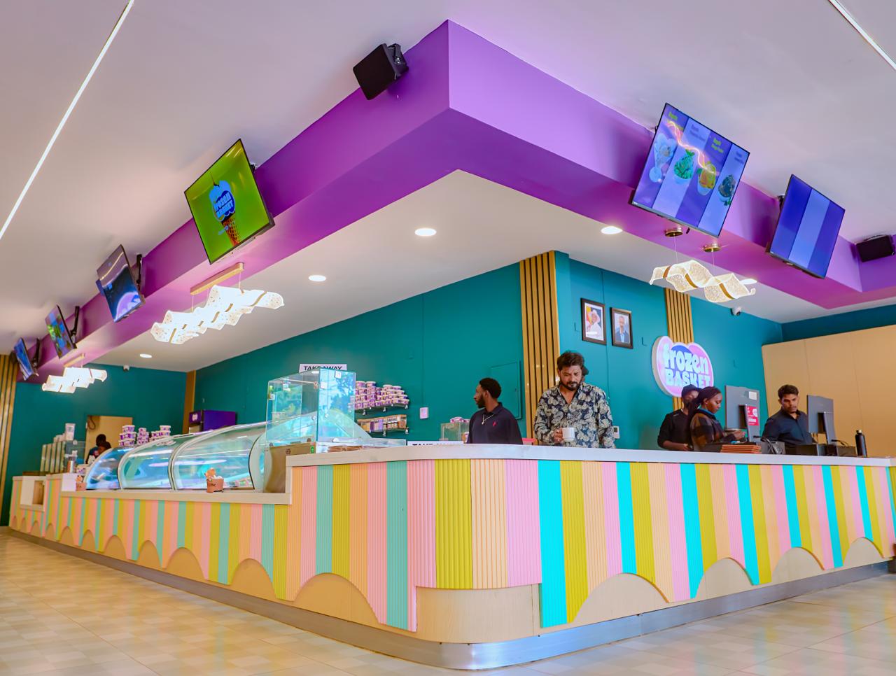 The Frozen Basket counter with pastel striped panels and the ice cream cabinet