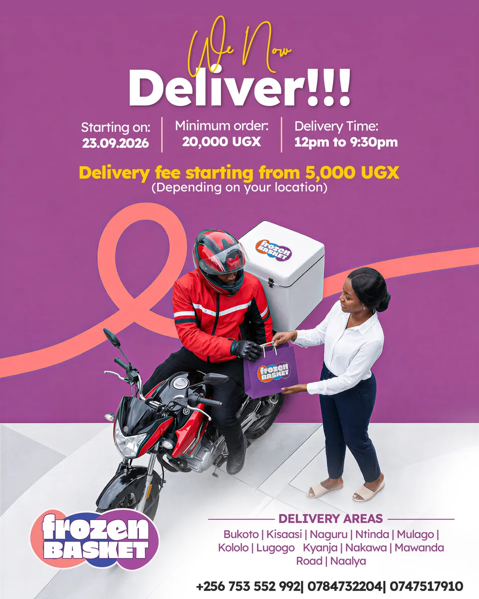 Frozen Basket delivery poster: a rider hands a Frozen Basket bag to a customer